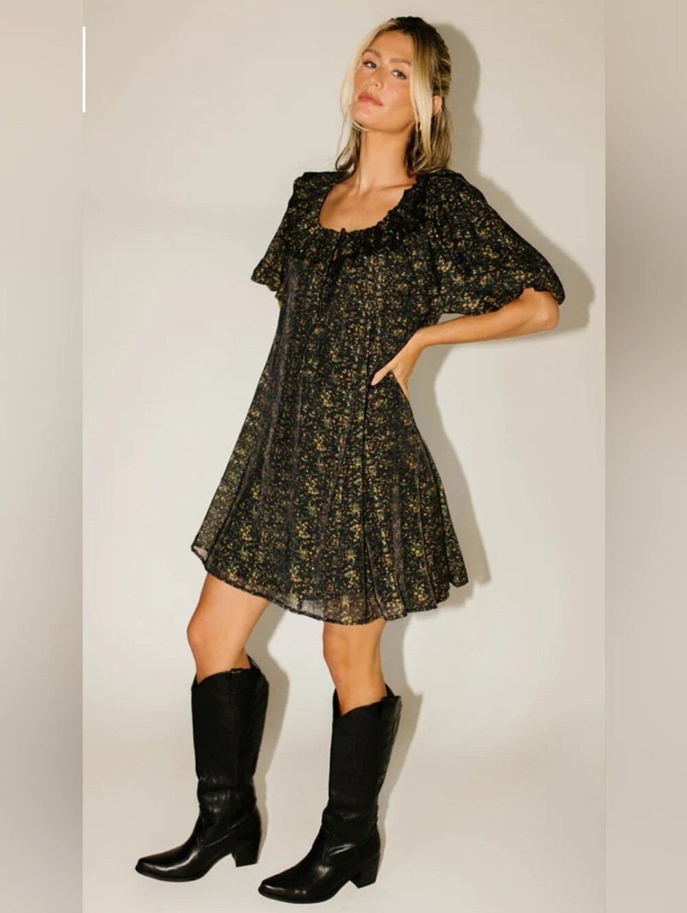 ZOCO Mini Good Luck Puff Sleeve Flowy Romantic Boho Dress Black Floral XXL